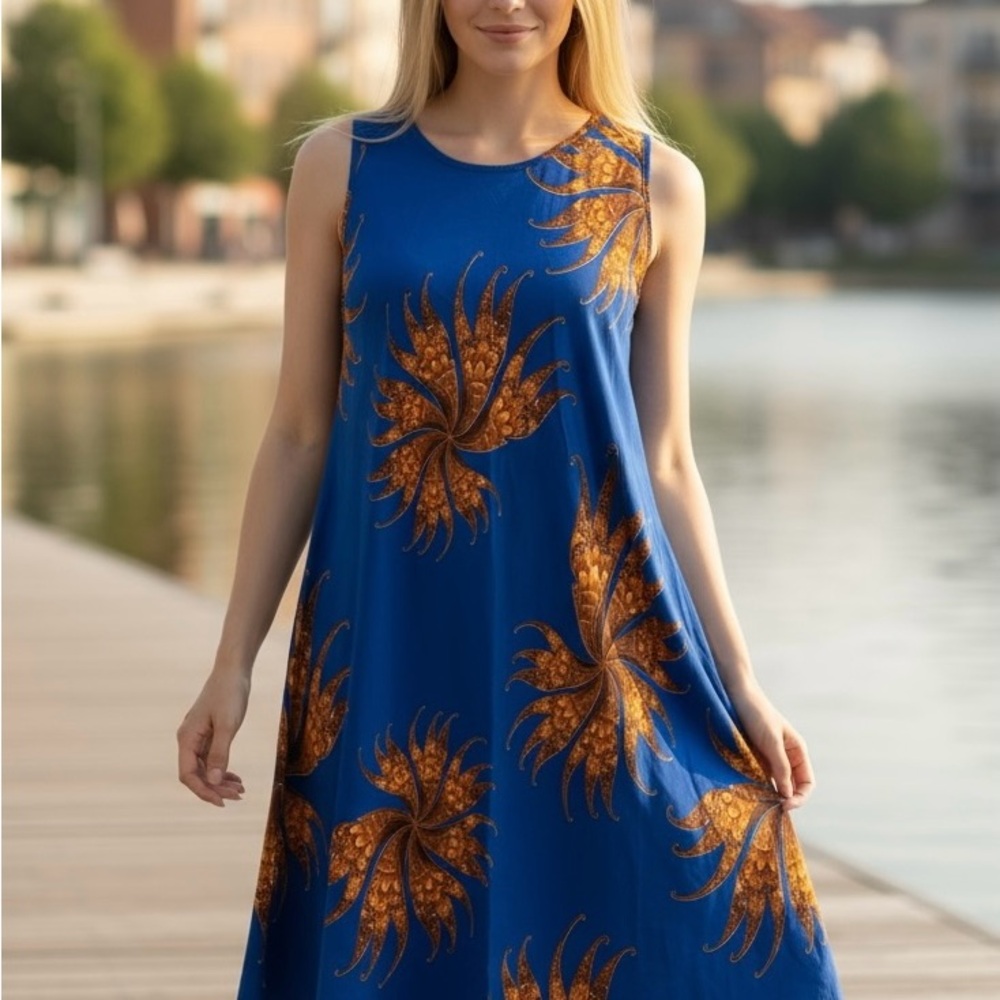 Elegant Blue and Orange Sleeveless Dress